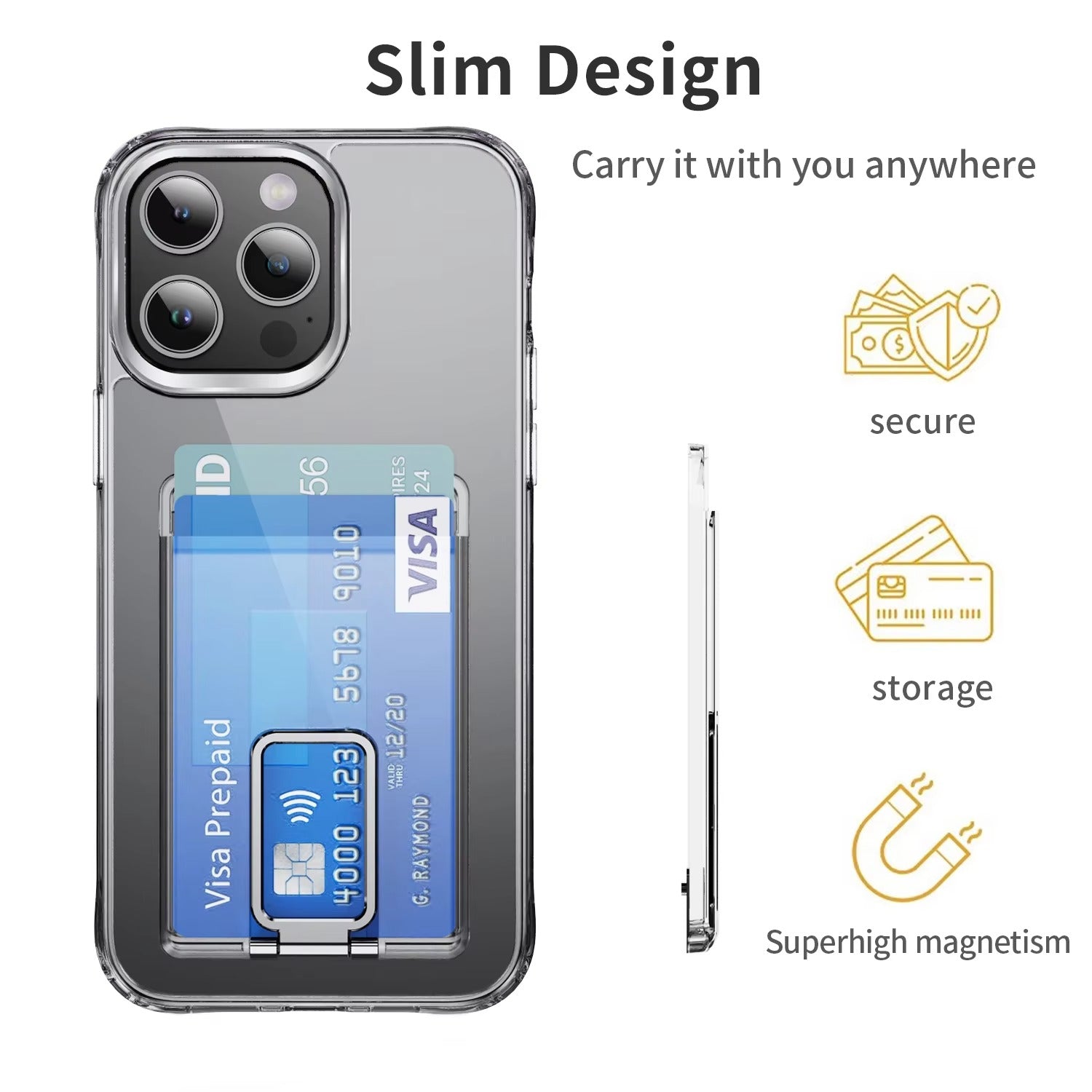 Luxury iPhone Case — Transparent Magnetic Card Wallet with Metal Stand Holder, Anti-Fingerprint, Shockproof, Clear Protective Cover