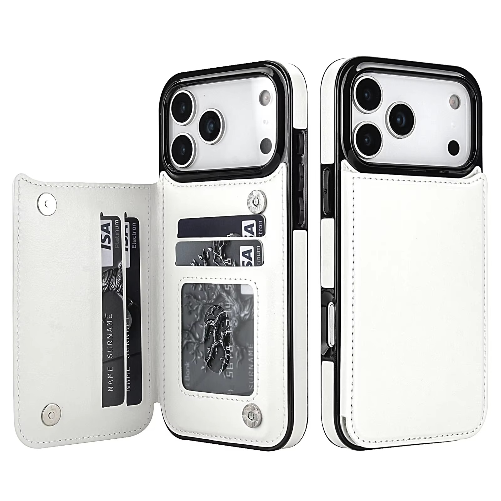 Luxury iPhone Case — Wallet Cover with Card Holder, Faux Leather Kickstand, Double Magnetic Clasp, Durable Shockproof Soft Case, Plain Design