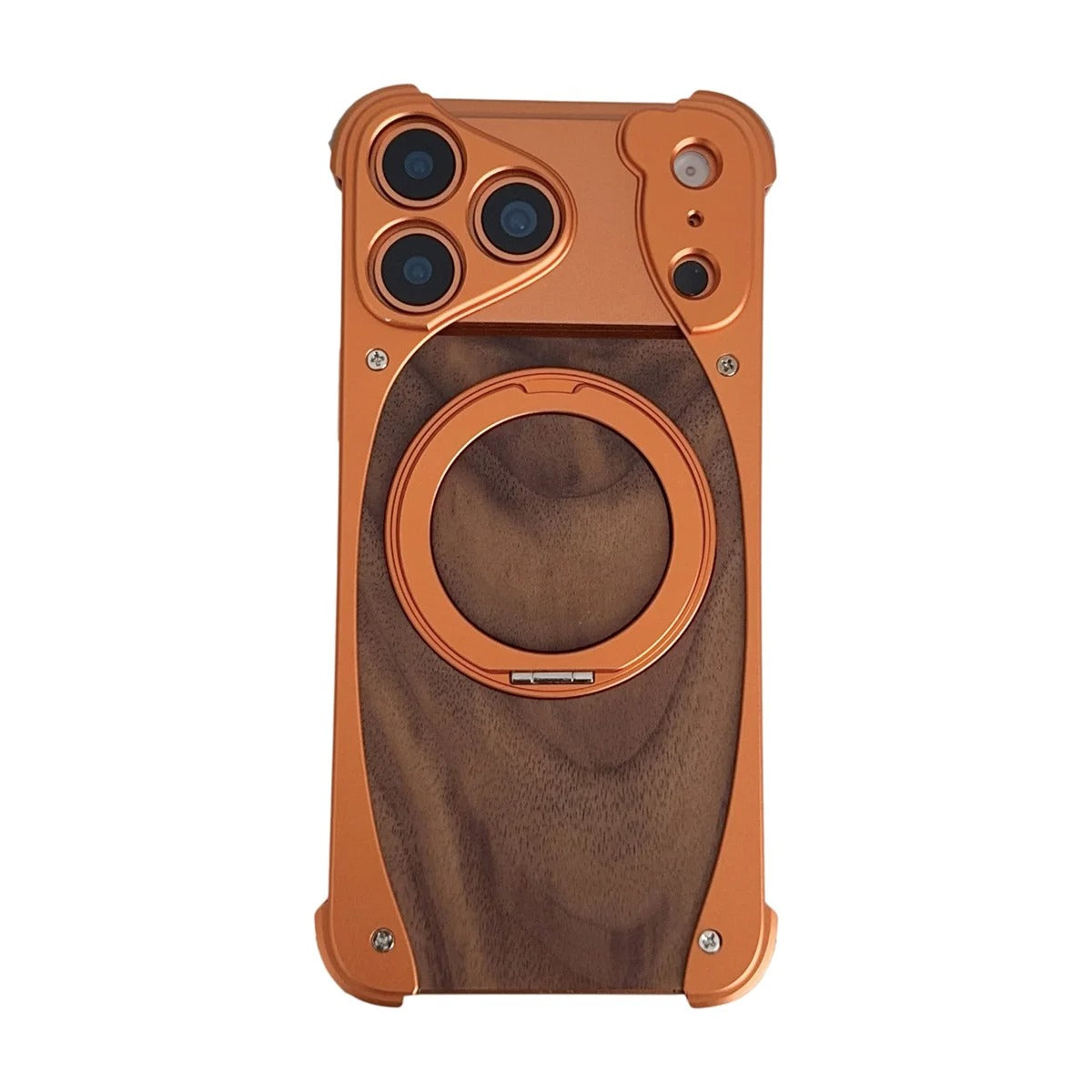 Luxury iPhone Case — Walnut Wood and Aluminum Magnetic Cover with Shockproof Drop-Proof Protection and Built-In Bracket