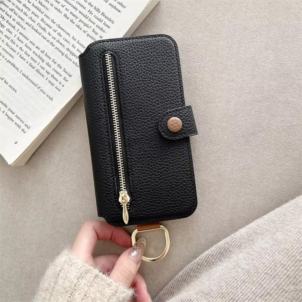 Luxury iPhone Case — Wrist-Strap Wallet Flip Leather Cover with Card Slots, Shockproof Protective Design & Full-Access Functional Fit