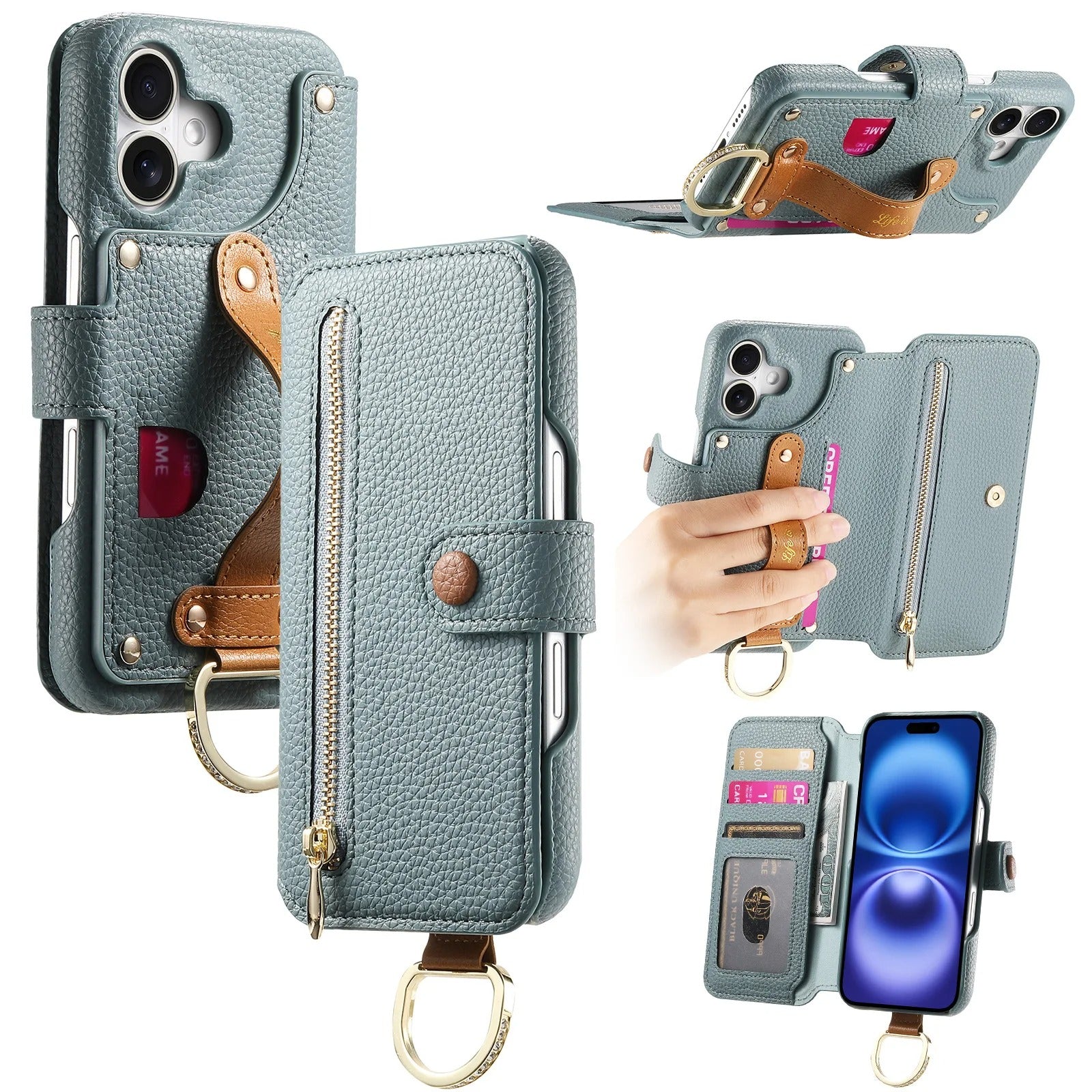 Luxury iPhone Case — Wrist-Strap Wallet Flip Leather Cover with Card Slots, Shockproof Protective Design & Full-Access Functional Fit
