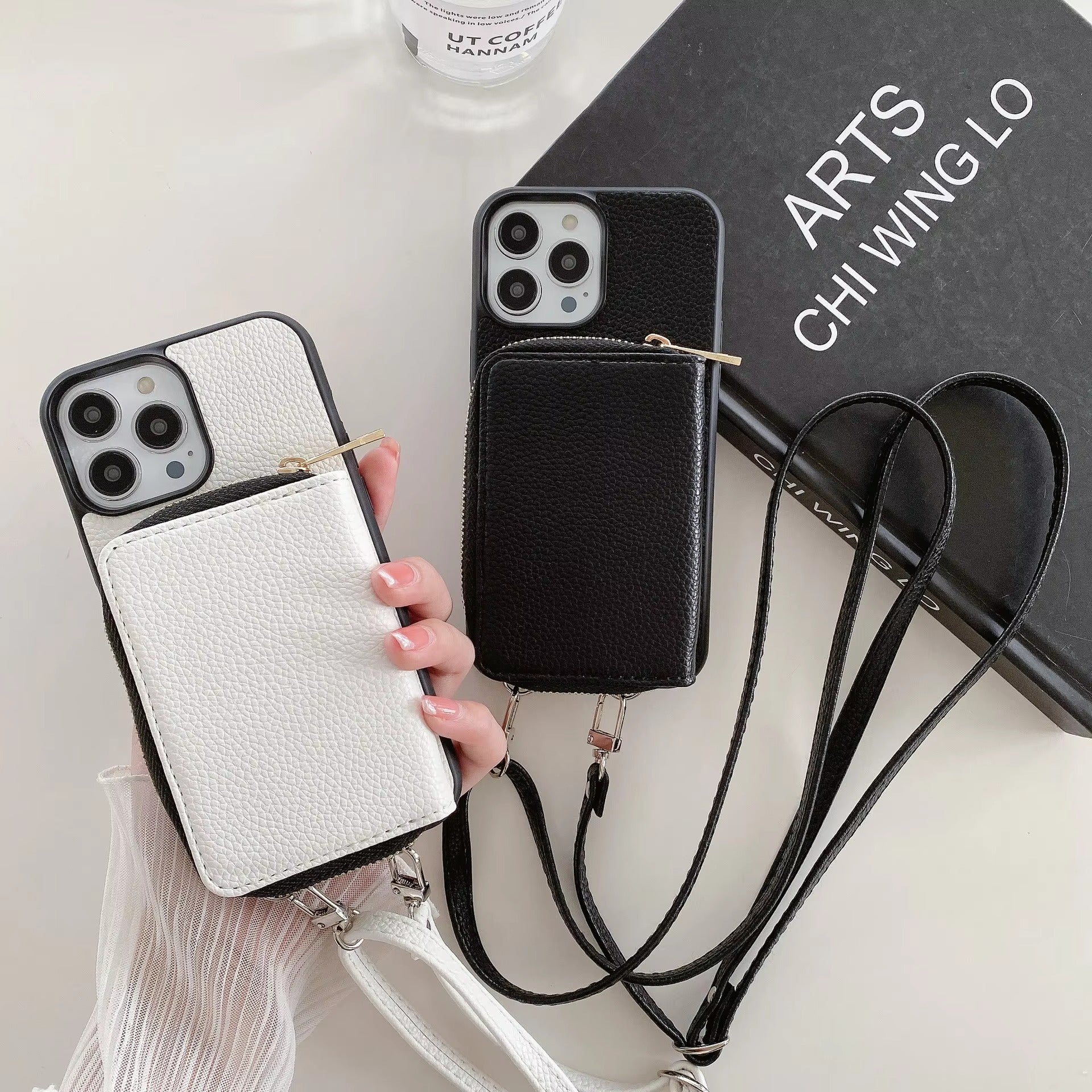 Luxury iPhone Crossbody Wallet Case with Zipper — PU Leather Cover, Card Slots, Adjustable Strap, Shockproof Full Body Protection, Anti-Fingerprint Finish