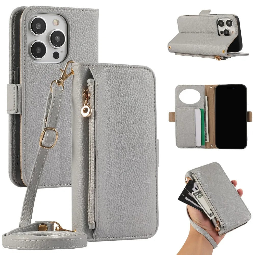 Luxury iPhone Crossbody Zipper Wallet Case — PU Leather Cover with Card Holder, Adjustable Strap, Shockproof Drop Protection, Anti-Fingerprint Scratch-Resistant Design