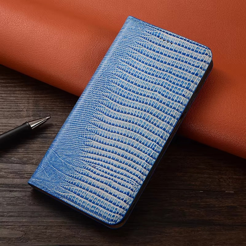 Luxury iPhone Flip Wallet Case Genuine Lizard Leather — Magnetic Closure, Kickstand Holder, Dustproof Non-Slip Design, Premium Full Body Protection