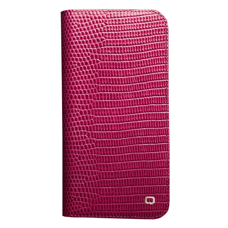 Luxury iPhone Flip Wallet Case Genuine Lizard Leather — Magnetic Closure, Kickstand Holder, Dustproof Non-Slip Design, Premium Full Body Protection