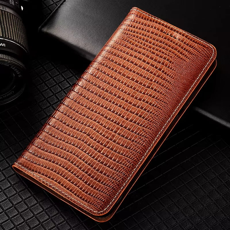 Luxury iPhone Flip Wallet Case Genuine Lizard Leather — Magnetic Closure, Kickstand Holder, Dustproof Non-Slip Design, Premium Full Body Protection
