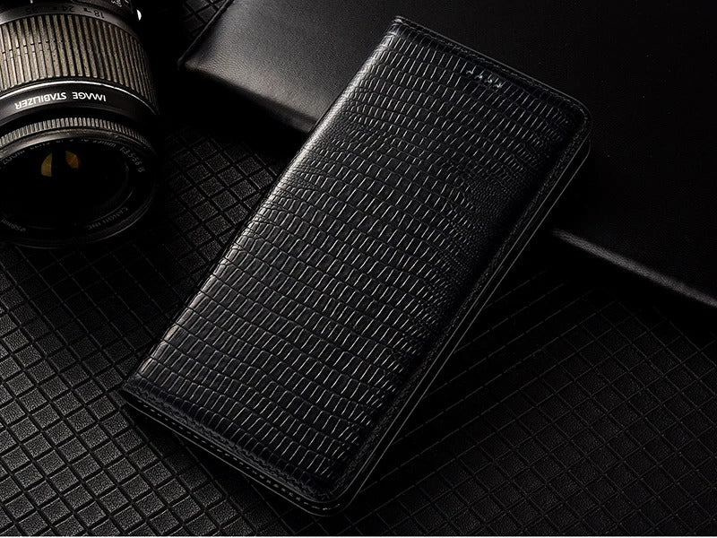Luxury iPhone Flip Wallet Case Genuine Lizard Leather — Magnetic Closure, Kickstand Holder, Dustproof Non-Slip Design, Premium Full Body Protection