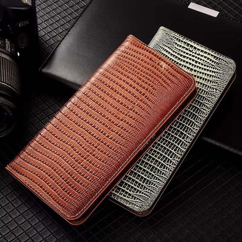 Luxury iPhone Flip Wallet Case Genuine Lizard Leather — Magnetic Closure, Kickstand Holder, Dustproof Non-Slip Design, Premium Full Body Protection