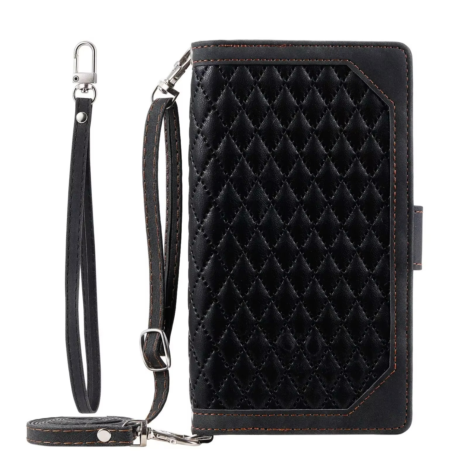 Luxury iPhone Crossbody Zipper Wallet Case — PU Leather Cover with Card Holder, Wrist Strap and Lanyard, Kickstand Function, Shockproof Anti-Fingerprint Design