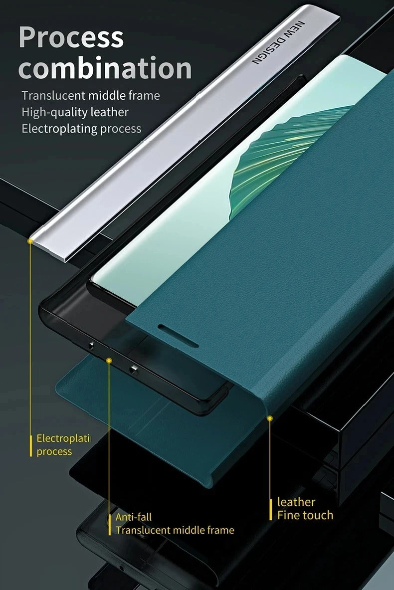 Luxury iPhone Leather Flip Case with Stand — Plating Book-Style Cover, Kickstand Holder, Shockproof Protection, Anti-Fingerprint Matte Finish