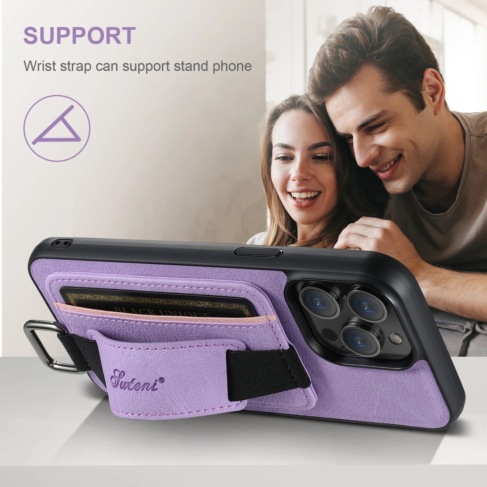 Luxury iPhone Leather Wallet Case with Card Holder — Wrist Strap Design, PU Leather Cover, Shockproof Full Body Protection, Stylish Storage Compartment