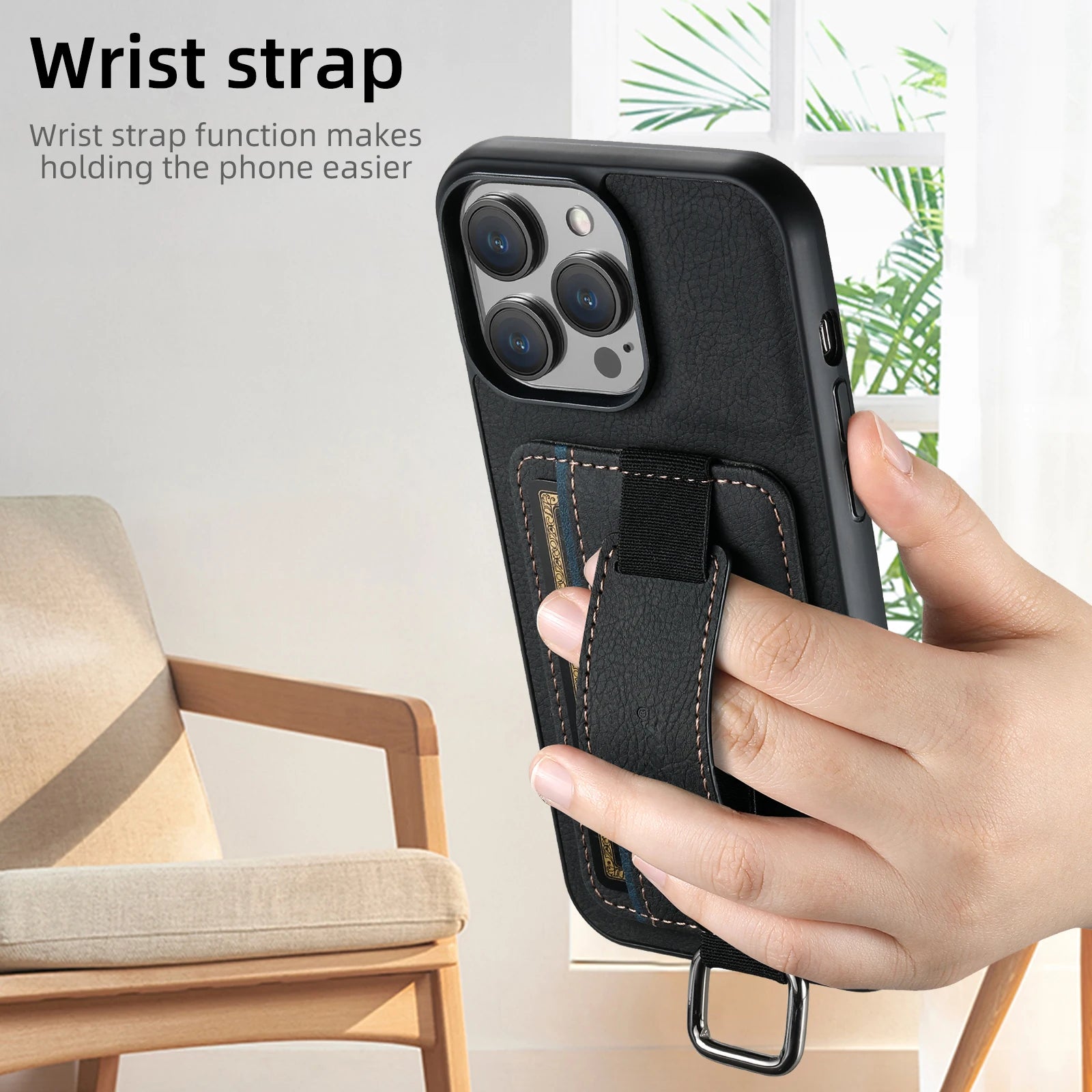 Luxury iPhone Leather Wallet Case with Card Holder — Wrist Strap Design, PU Leather Cover, Shockproof Full Body Protection, Stylish Storage Compartment
