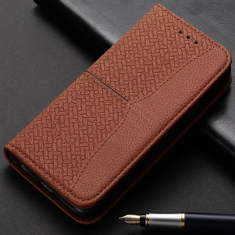 Luxury iPhone Leather Wallet Flip Case — Magnetic Cover with Card Holder, Kickstand Function, Dual Layer Shockproof Protection, Anti-Fingerprint Design