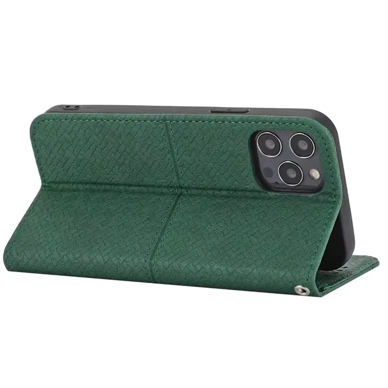 Luxury iPhone Leather Wallet Flip Case — Magnetic Cover with Card Holder, Kickstand Function, Dual Layer Shockproof Protection, Anti-Fingerprint Design