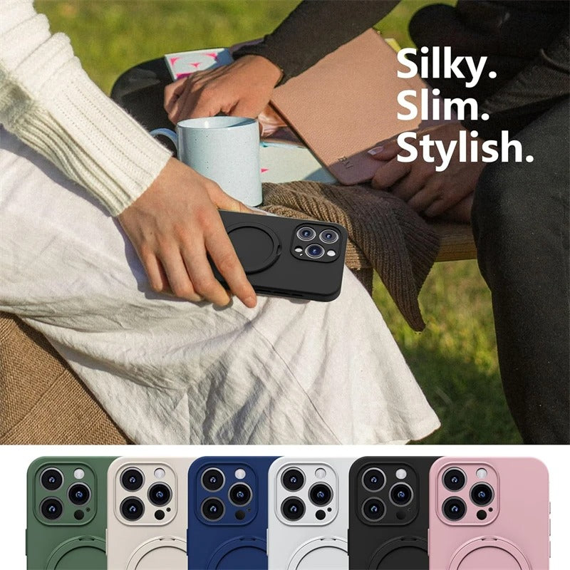 Luxury iPhone Liquid Silicone MagSafe Case — Magnetic Ring Holder Stand Cover, Shockproof Anti-Fingerprint Design, Wireless Charging Compatible Non-Slip Protection