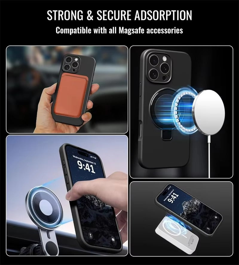 Luxury iPhone Liquid Silicone MagSafe Case — Magnetic Ring Holder Stand Cover, Shockproof Anti-Fingerprint Design, Wireless Charging Compatible Non-Slip Protection