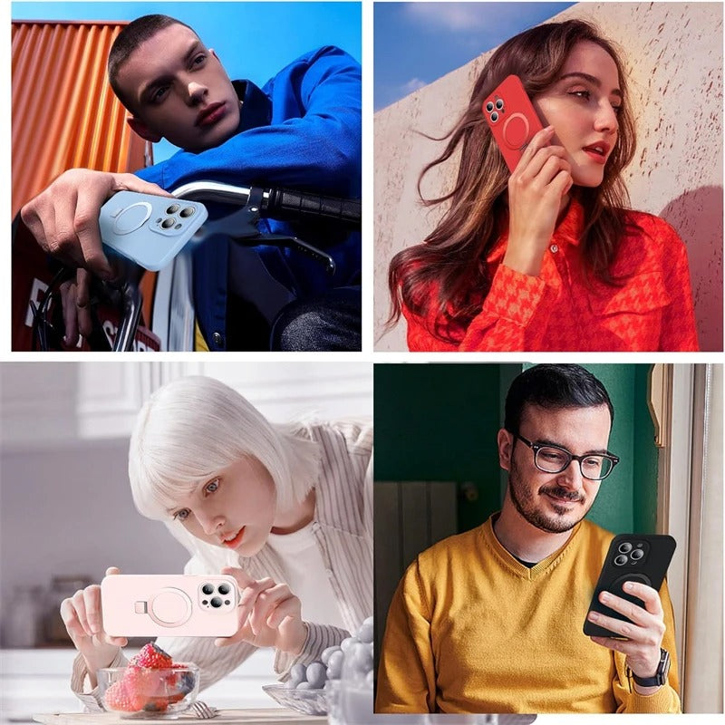 Luxury iPhone Liquid Silicone MagSafe Case — Magnetic Ring Holder Stand Cover, Shockproof Anti-Fingerprint Design, Wireless Charging Compatible Non-Slip Protection