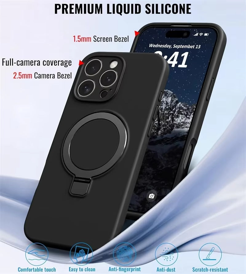 Luxury iPhone Liquid Silicone MagSafe Case — Magnetic Ring Holder Stand Cover, Shockproof Anti-Fingerprint Design, Wireless Charging Compatible Non-Slip Protection