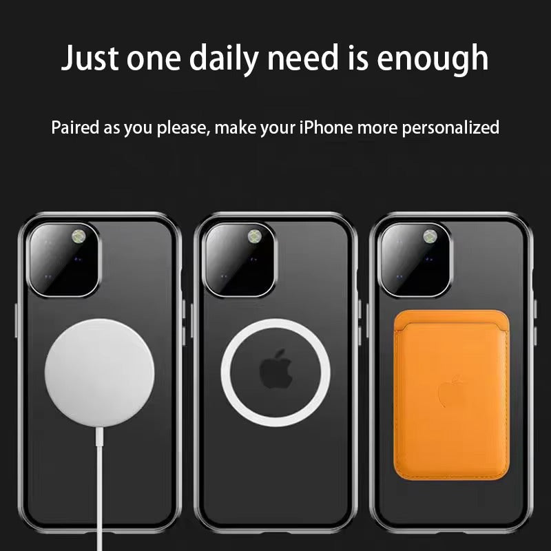 Luxury iPhone MagSafe Case Double-Sided Glass Cover — 360° Full Body HD Transparent Protection, Magnetic Metal Alloy Frame, Shockproof Anti-Fingerprint Design