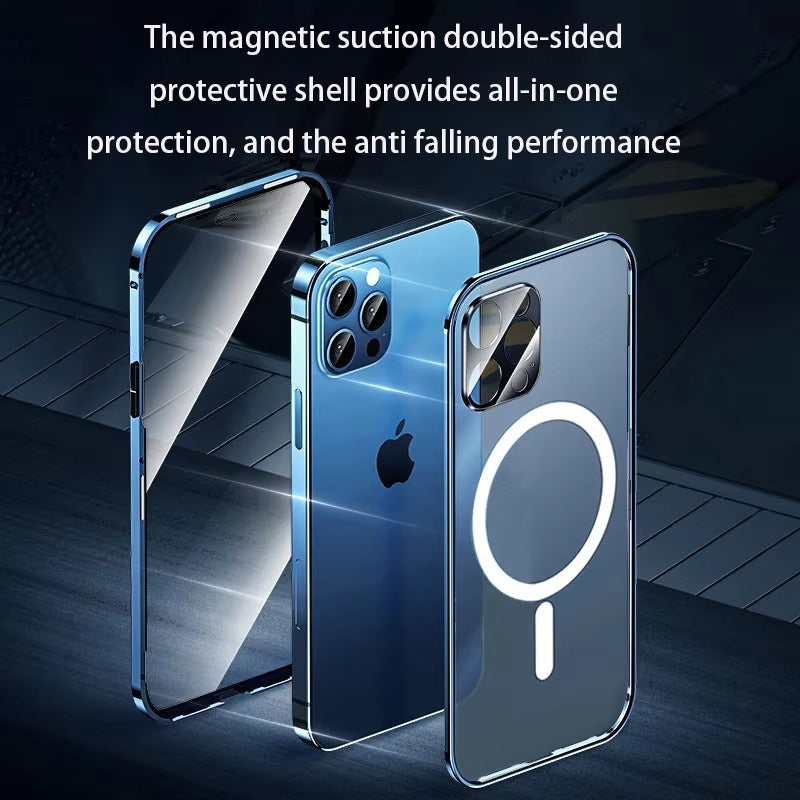 Luxury iPhone MagSafe Case Double-Sided Glass Cover — 360° Full Body HD Transparent Protection, Magnetic Metal Alloy Frame, Shockproof Anti-Fingerprint Design