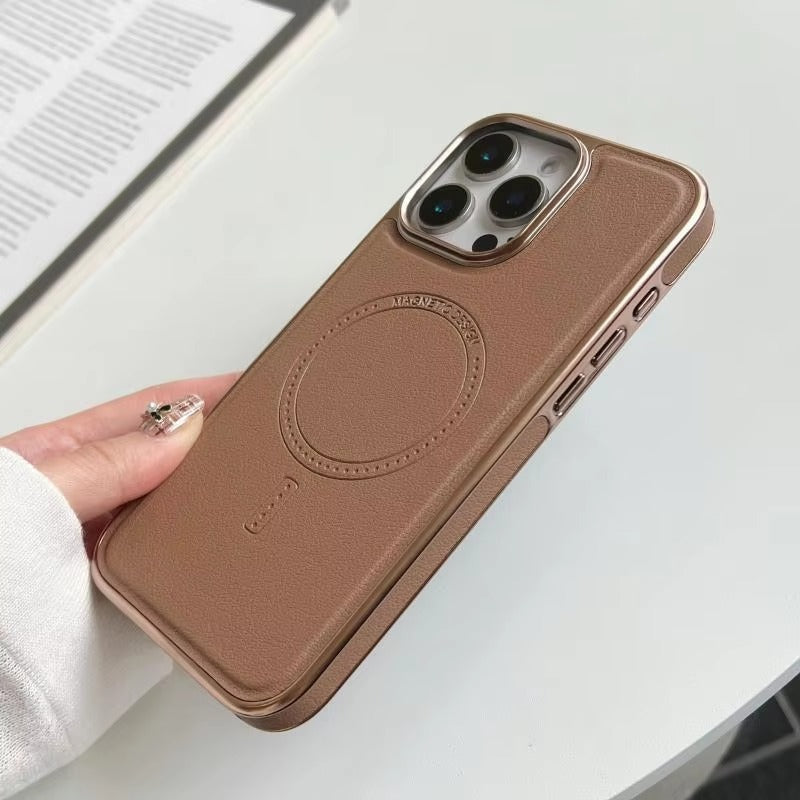 Luxury iPhone MagSafe Case Leather Matte Cover — Plating Frame Magnetic Wireless Charging, Business Style Shockproof Bumper Armor, Anti-Fingerprint Scratch-Resistant Design