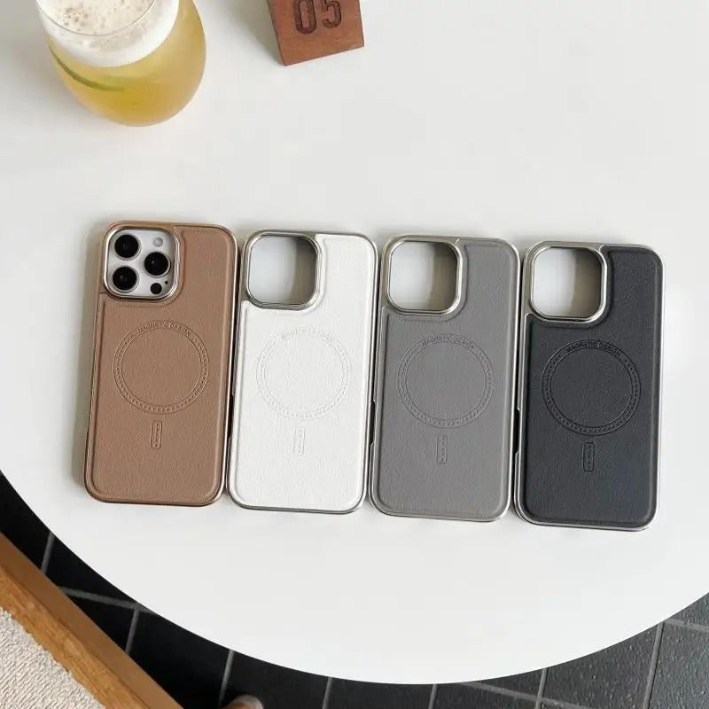 Luxury iPhone MagSafe Case Leather Matte Cover — Plating Frame Magnetic Wireless Charging, Business Style Shockproof Bumper Armor, Anti-Fingerprint Scratch-Resistant Design