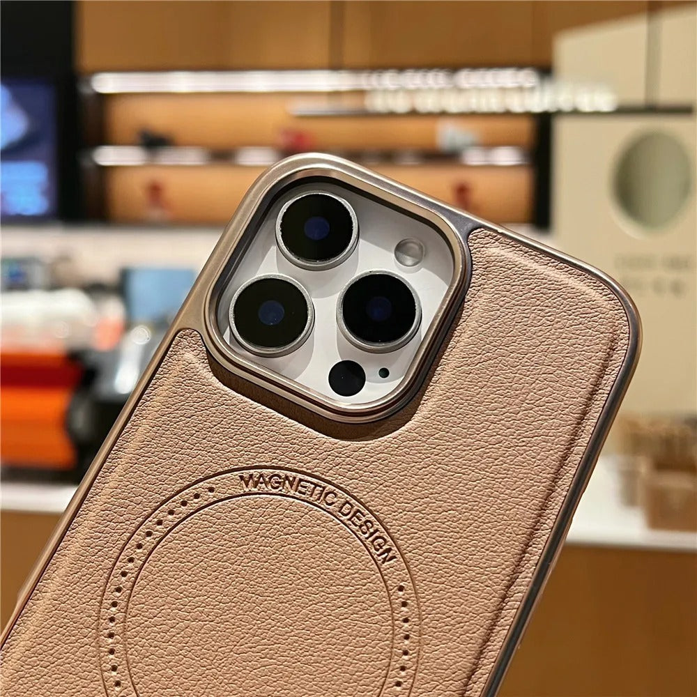 Luxury iPhone MagSafe Case Leather Matte Cover — Plating Frame Magnetic Wireless Charging, Business Style Shockproof Bumper Armor, Anti-Fingerprint Scratch-Resistant Design