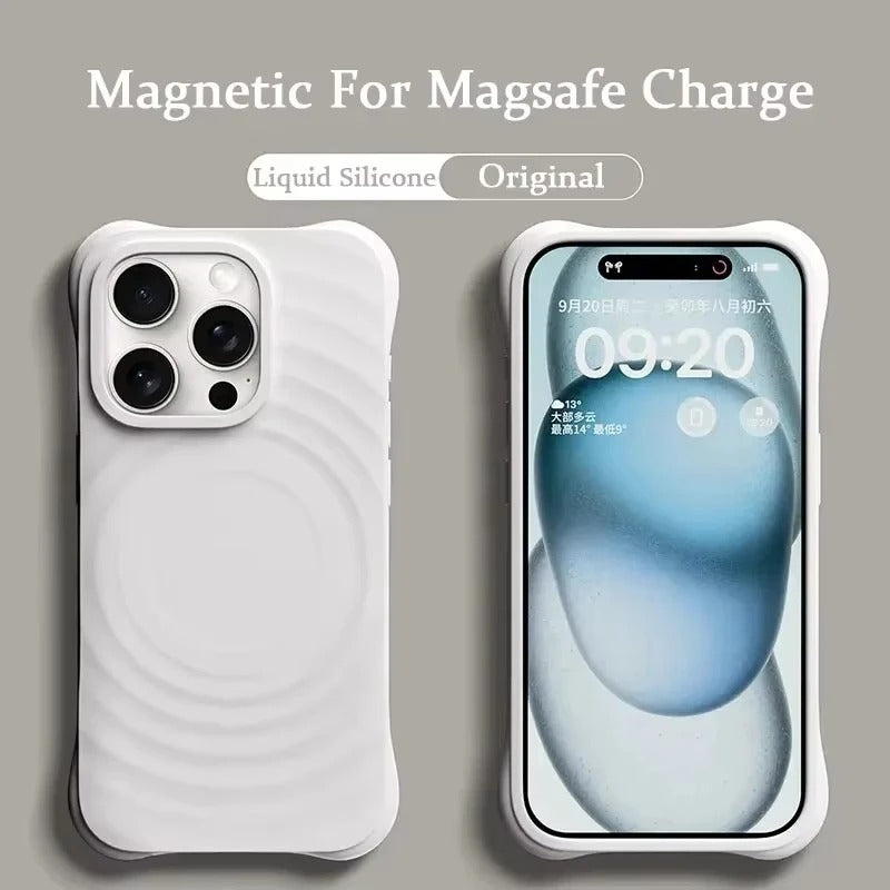 Luxury iPhone MagSafe Case Ripple Silicone Design — Engraved Letter Back Cover, Magnetic Wireless Charging Compatible, Shockproof Soft Non-Slip Protection