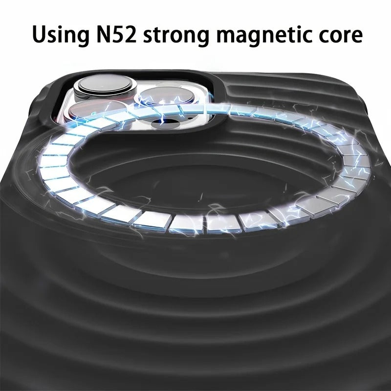 Luxury iPhone MagSafe Case Ripple Silicone Design — Engraved Letter Back Cover, Magnetic Wireless Charging Compatible, Shockproof Soft Non-Slip Protection