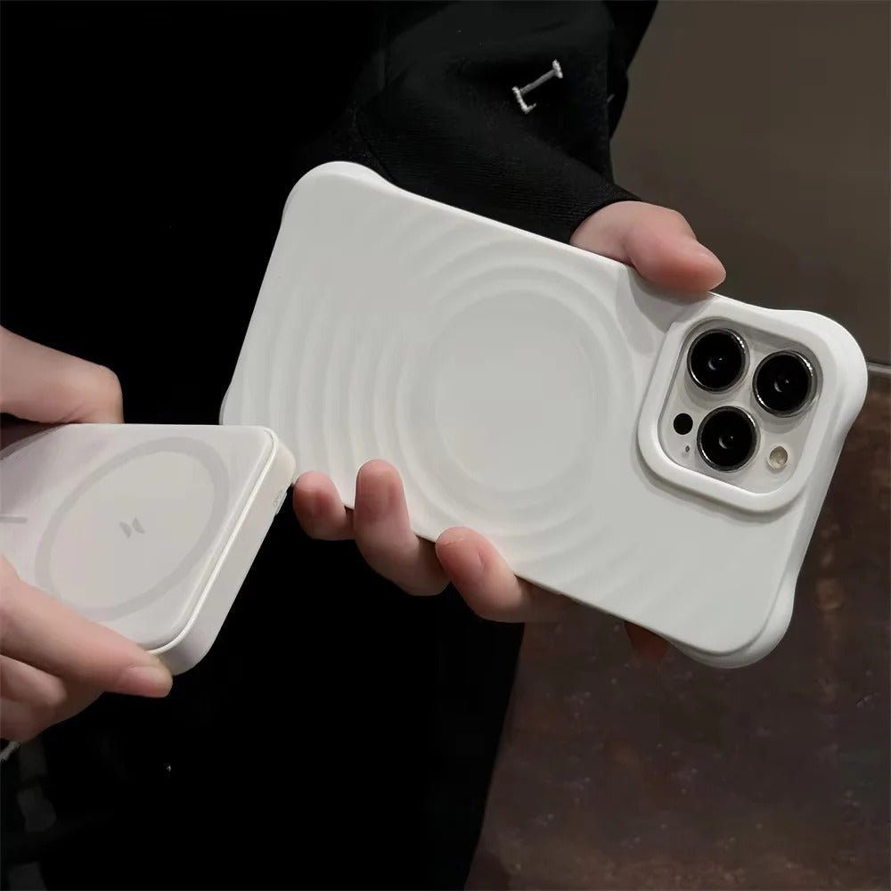 Luxury iPhone MagSafe Case Ripple Silicone Design — Engraved Letter Back Cover, Magnetic Wireless Charging Compatible, Shockproof Soft Non-Slip Protection