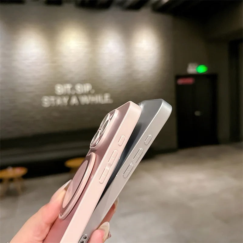 Luxury iPhone MagSafe Case with 360° Rotatable Ring Holder — Frosted Plating Cover, Lens Film Protection, Slim Shockproof Scratch-Resistant Design