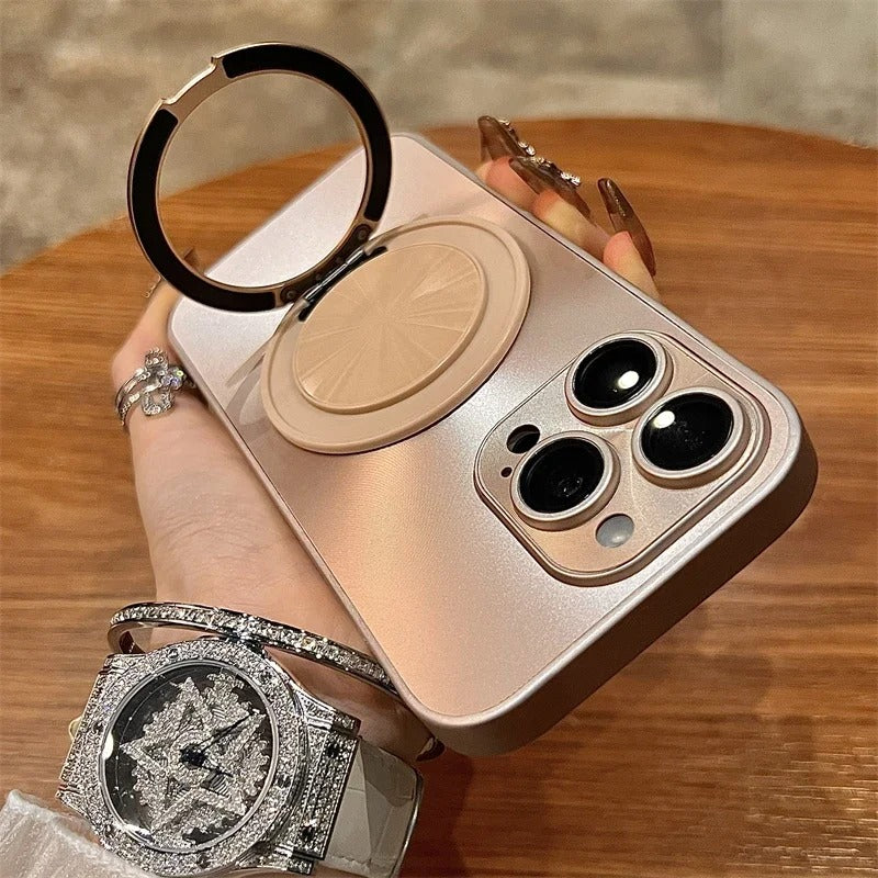Luxury iPhone MagSafe Case with 360° Rotatable Ring Holder — Frosted Plating Cover, Lens Film Protection, Slim Shockproof Scratch-Resistant Design