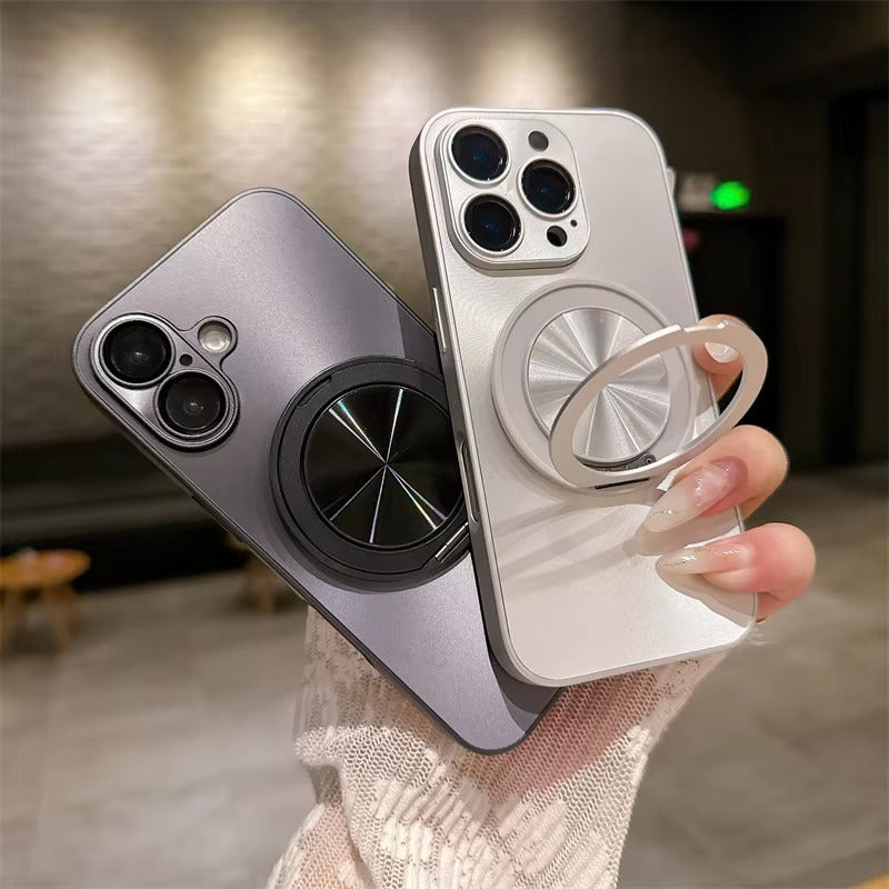 Luxury iPhone MagSafe Case with 360° Rotatable Ring Holder — Frosted Plating Cover, Lens Film Protection, Slim Shockproof Scratch-Resistant Design