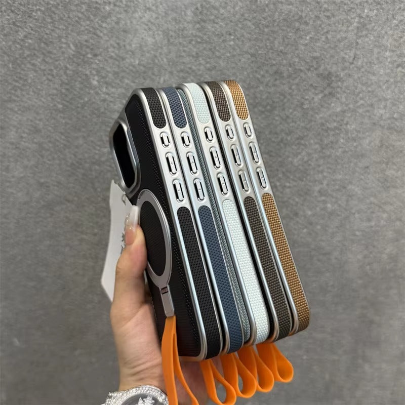 Luxury iPhone MagSafe Case with Metal Ring Holder — Electroplated Matte PC Cover, Shockproof Tough Protection, Wireless Charging Compatible Non-Slip Design