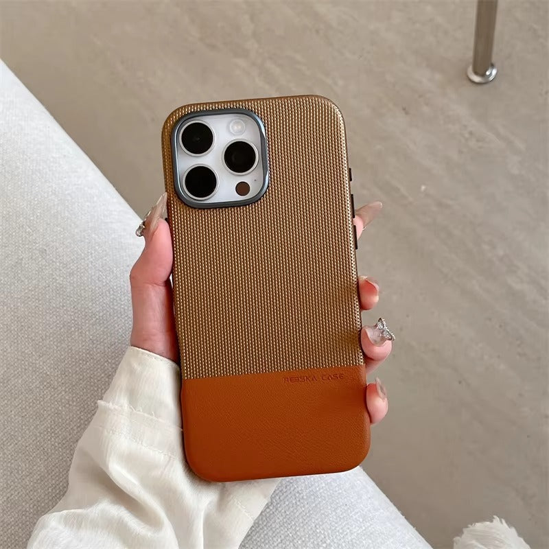 Luxury iPhone MagSafe Leather Case — Trendy Hit Color Relief Design with Alloy Lens Protection, Wireless Charging, Shockproof Anti-Fingerprint Cover