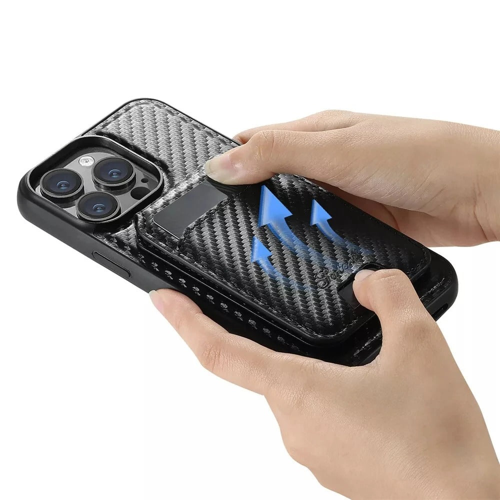 Luxury iPhone MagSafe Wallet Case with Removable Card Holder — Carbon Fiber Texture, Magnetic Cover, Shockproof Anti-Scratch Dustproof Non-Slip Design