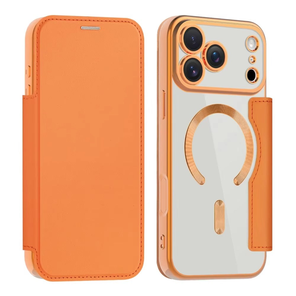 Luxury iPhone Magnetic Flip Case — PU Leather Plating Clear Cover with Card Holder, MagSafe Stand Support, Shockproof Anti-Fingerprint Full Coverage Design