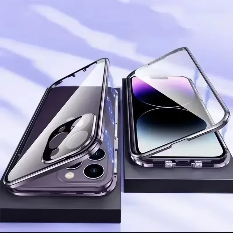Luxury iPhone Magnetic Metal Case with Double-Sided Glass — 360° Full Body Protection, Shockproof Transparent Cover, Slim Scratch-Resistant Durable Design
