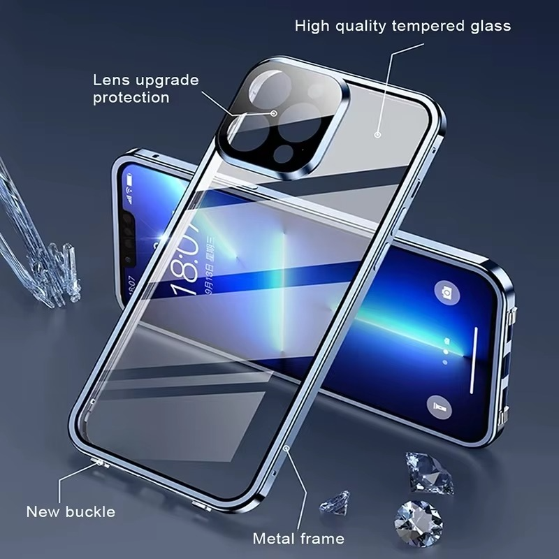 Luxury iPhone Magnetic Metal Case with Double-Sided Glass — 360° Full Body Protection, Shockproof Transparent Cover, Slim Scratch-Resistant Durable Design