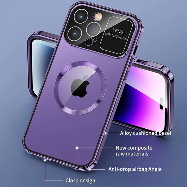 Luxury iPhone Magnetic Metal Case with Large Window Lens Protection — Aluminum Frame, Tempered Glass Screen Protector, Shockproof Slim Scratch-Resistant Cover