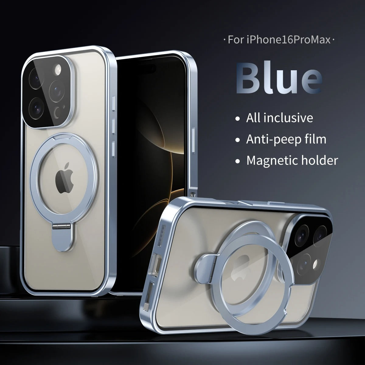 Luxury iPhone Magnetic Metal Frame Case — Double-Sided Anti-Peeping Glass Cover with Bracket Stand, Hard Anti-Drop Shockproof Protection