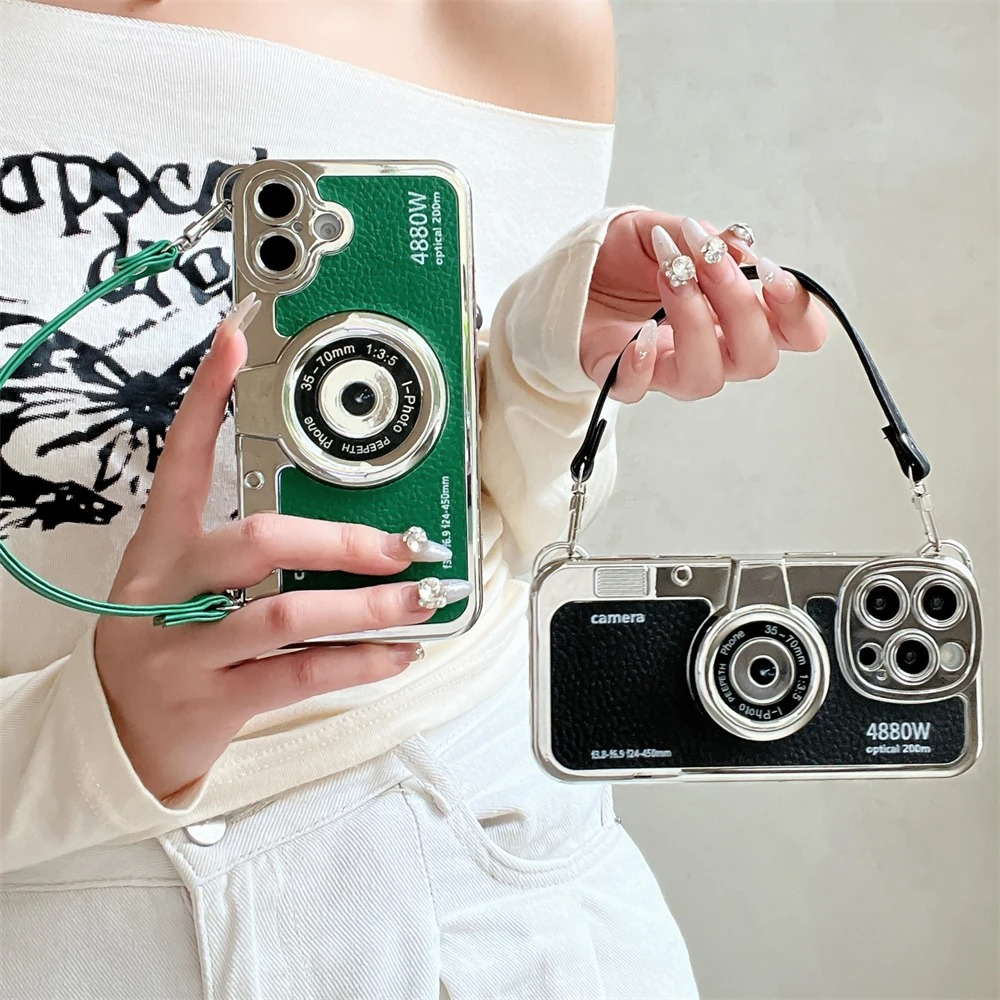 Luxury iPhone Retro Camera Case Emily in Paris Edition — PU Leather Sling Cover with Bracelet Strap, Stylish Pictorial Design, Shockproof Protective Finish