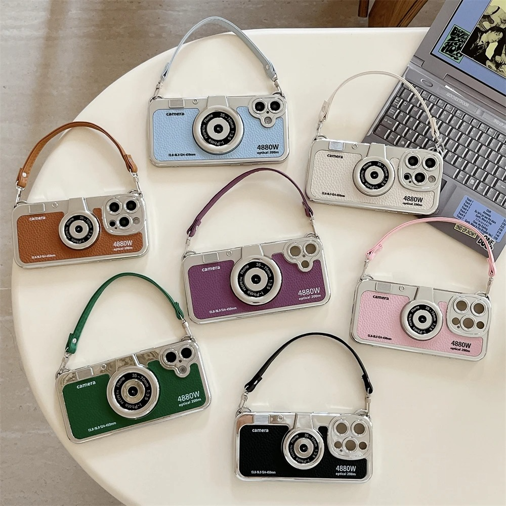 Luxury iPhone Retro Camera Case Emily in Paris Edition — PU Leather Sling Cover with Bracelet Strap, Stylish Pictorial Design, Shockproof Protective Finish