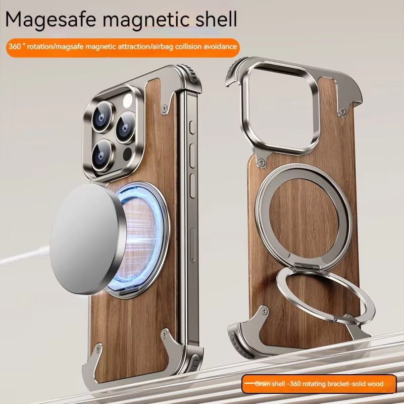 Luxury iPhone Solid Wood MagSafe Case — 360° Rotatable Stand Ring, Aluminum Alloy Bumper, Slim Shockproof Non-Slip Protective Cover