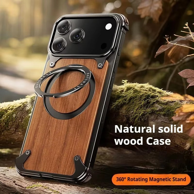 Luxury iPhone Solid Wood MagSafe Case — 360° Rotatable Stand Ring, Aluminum Alloy Bumper, Slim Shockproof Non-Slip Protective Cover