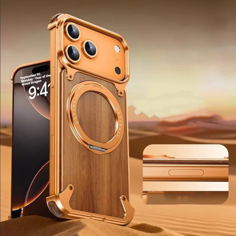 Luxury iPhone Solid Wood MagSafe Case — 360° Rotatable Stand Ring, Aluminum Alloy Bumper, Slim Shockproof Non-Slip Protective Cover