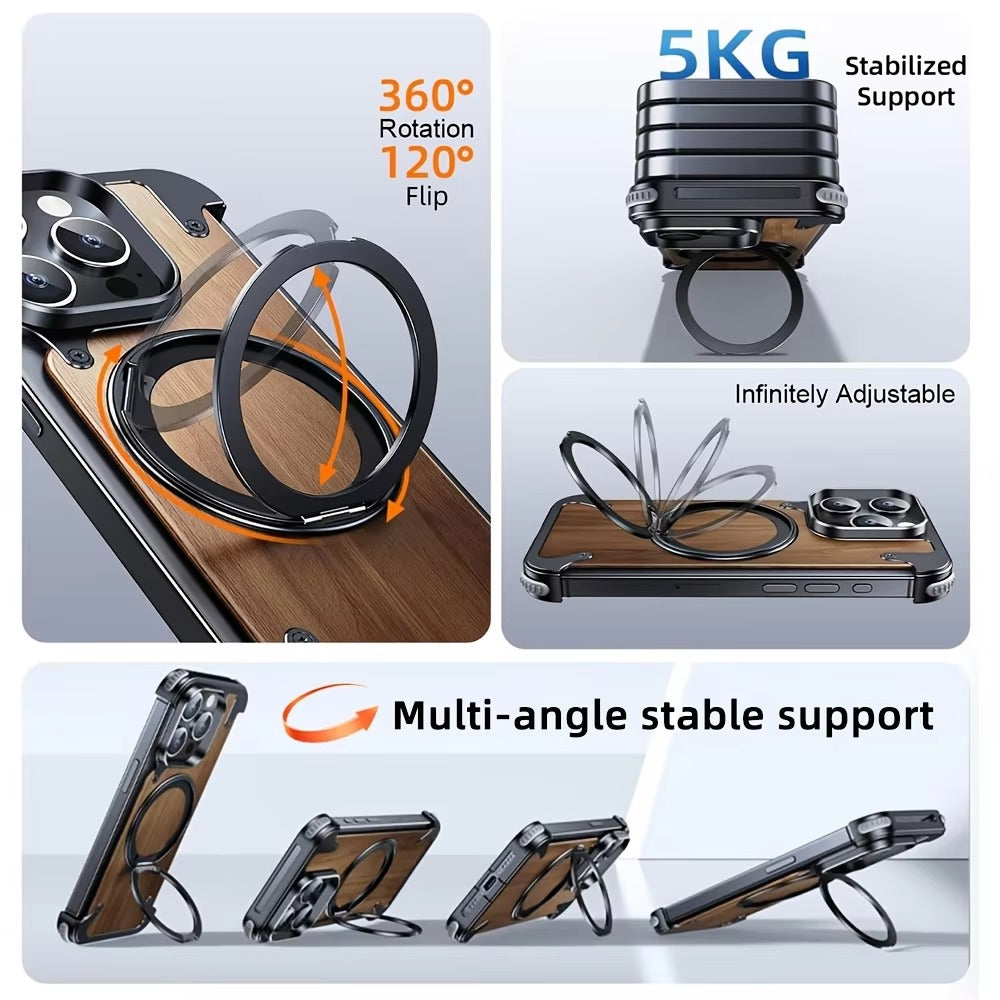 Luxury iPhone Solid Wood MagSafe Case — 360° Rotatable Stand Ring, Aluminum Alloy Bumper, Slim Shockproof Non-Slip Protective Cover