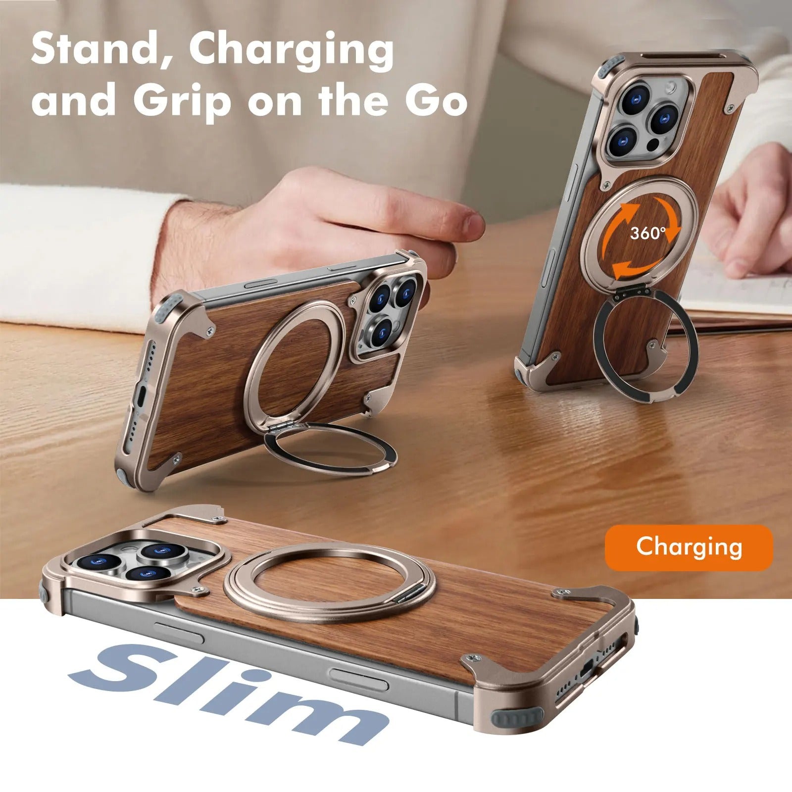 Luxury iPhone Solid Wood MagSafe Case — 360° Rotatable Stand Ring, Aluminum Alloy Bumper, Slim Shockproof Non-Slip Protective Cover