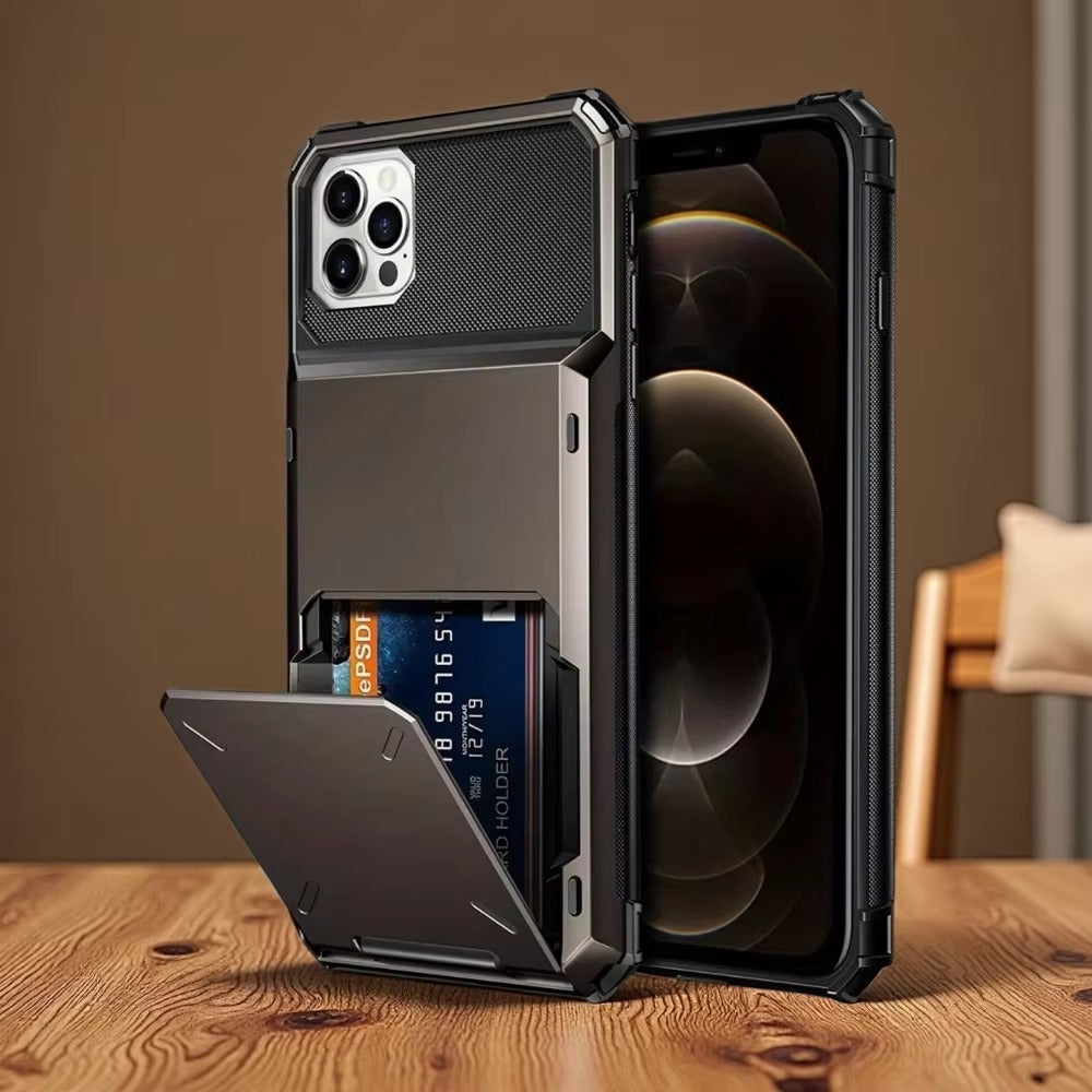 Luxury iPhone Wallet Case with 5-Card Slot — Hidden Flip Door Card Holder, Dual Layer Shockproof Armor, Raised Screen Lip, Scratch-Resistant Protective Cover