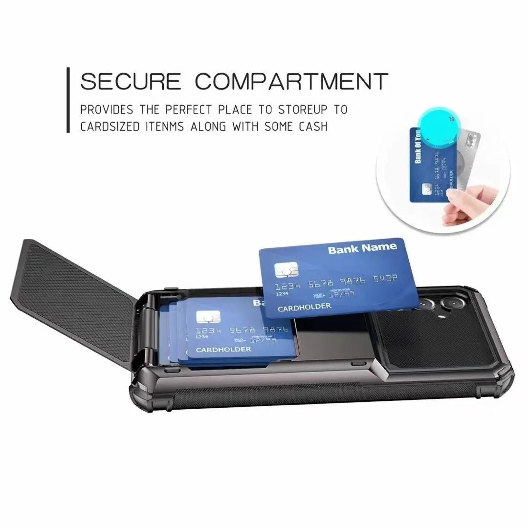 Luxury iPhone Wallet Case with 5-Card Slot — Hidden Flip Door Card Holder, Dual Layer Shockproof Armor, Raised Screen Lip, Scratch-Resistant Protective Cover